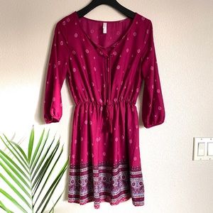 Maroon 3/4 Sleeve Patterned Dress